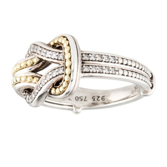 LAGOS DIAMOND NEWPORT 18K YELLOW GOLD & STERLING SILVER 925 KNOT BAND RING - Picture 5 of 9